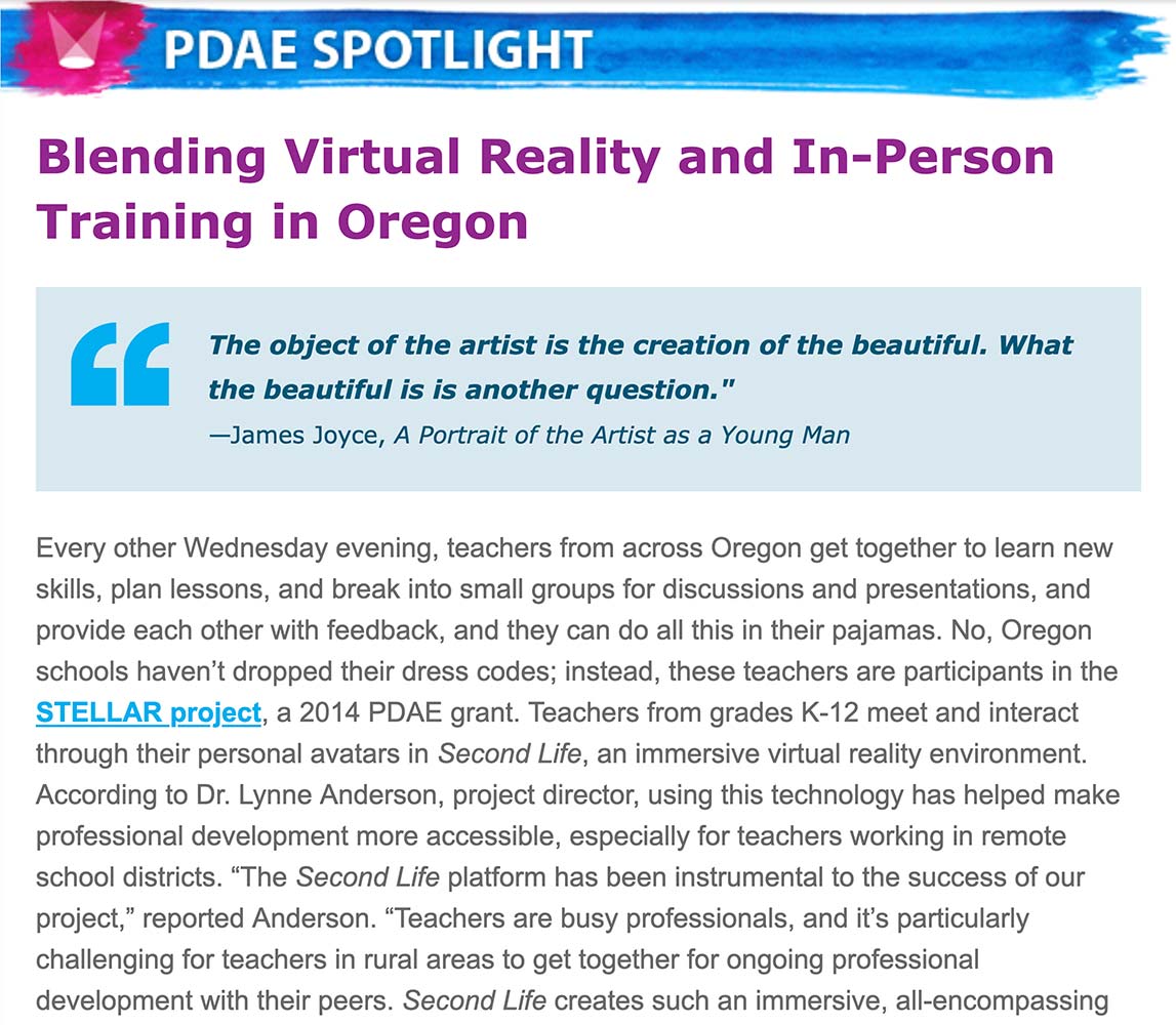 Second Life article in 'Arts in Education Quarterly Nesletter'