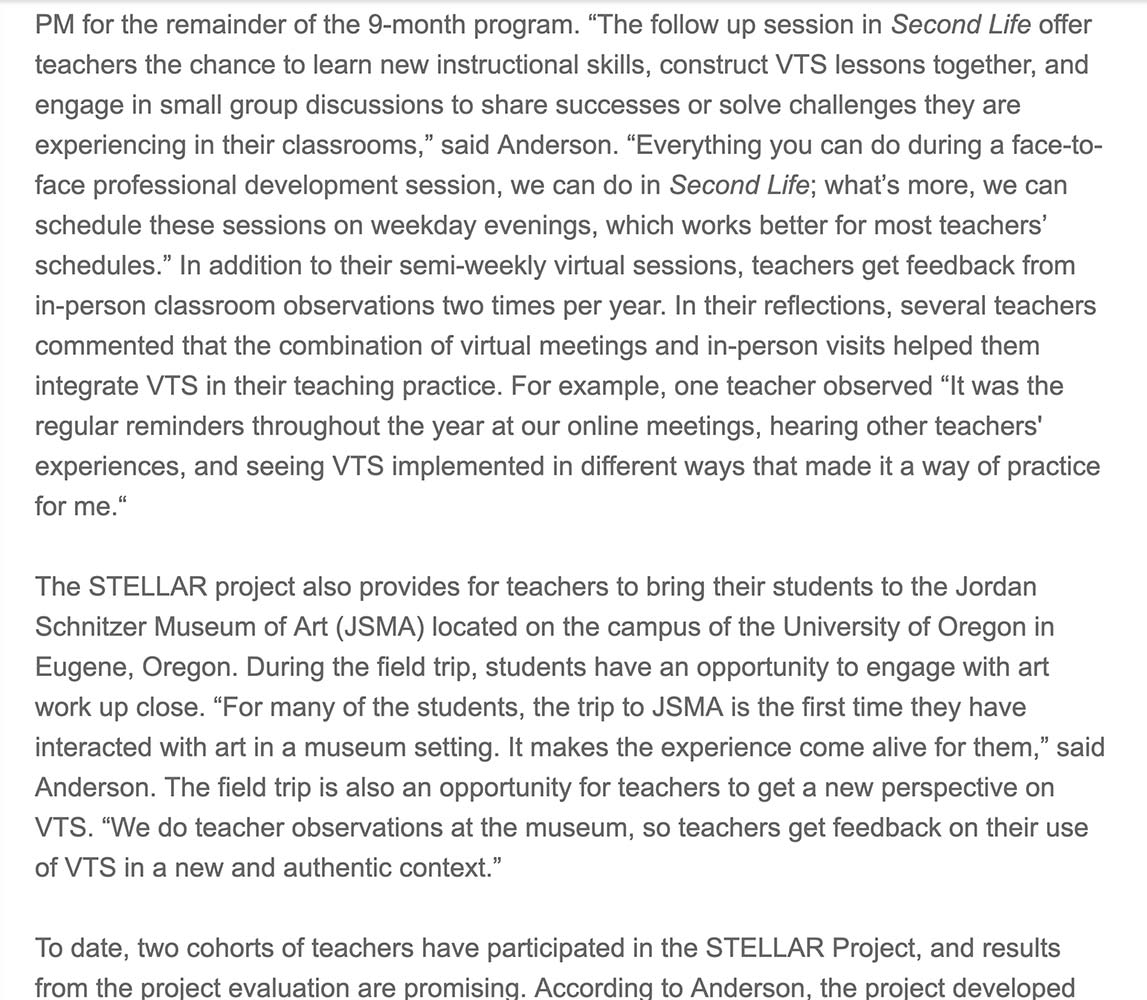 Second Life article in 'Arts in Education Quarterly Nesletter'